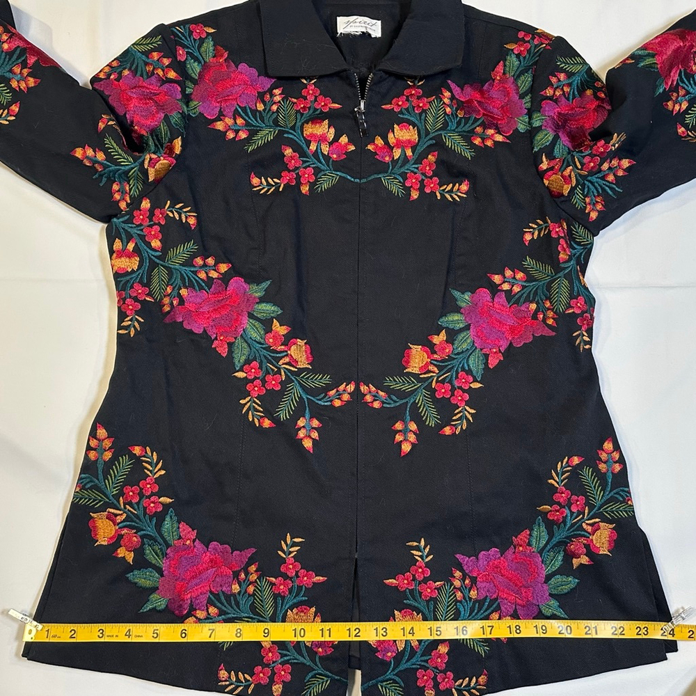Spirit Embroidered Floral Jacket | Black Cotton Zip Folk Art Coat - M - Picture 5 of 9